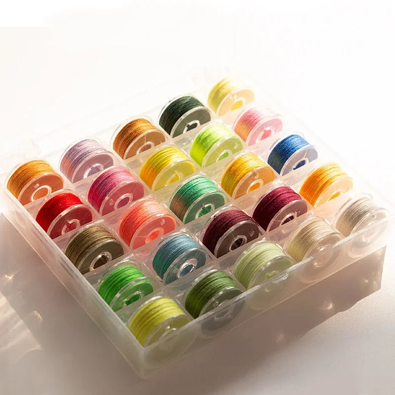A clear plastic container filled with assorted embroidery sewing threads in various colors and shades.