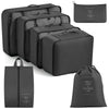 A set of black travel storage organizers including a zippered pouch and a rectangular box.