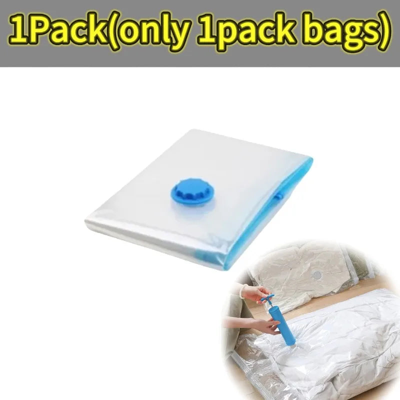 A clear vacuum compression storage bag is shown, folded and sealed.