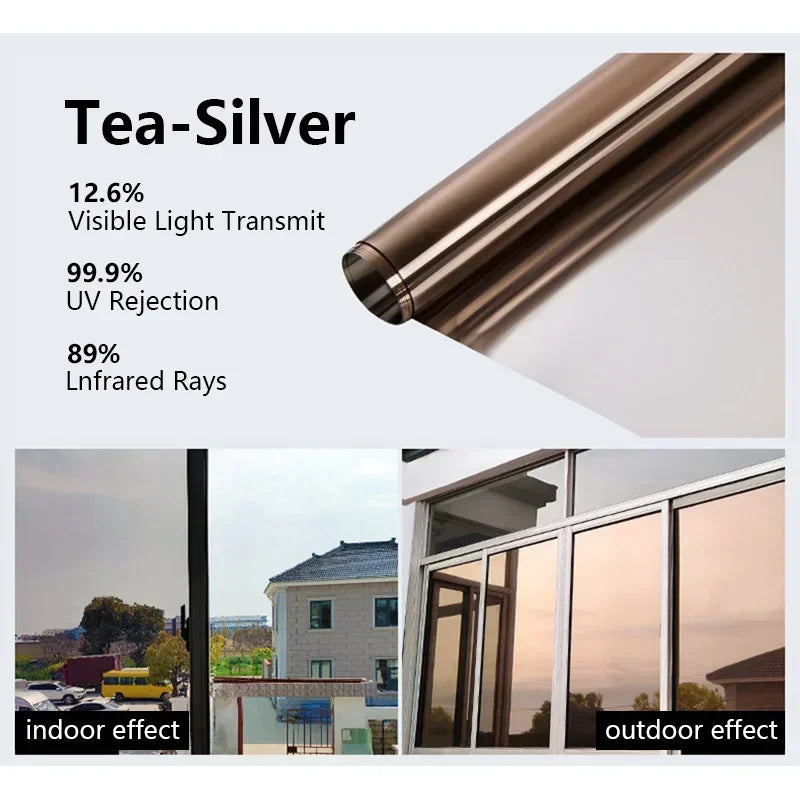 Close-up of Tea-Silver one-way privacy window film showing light transmission and reflection.