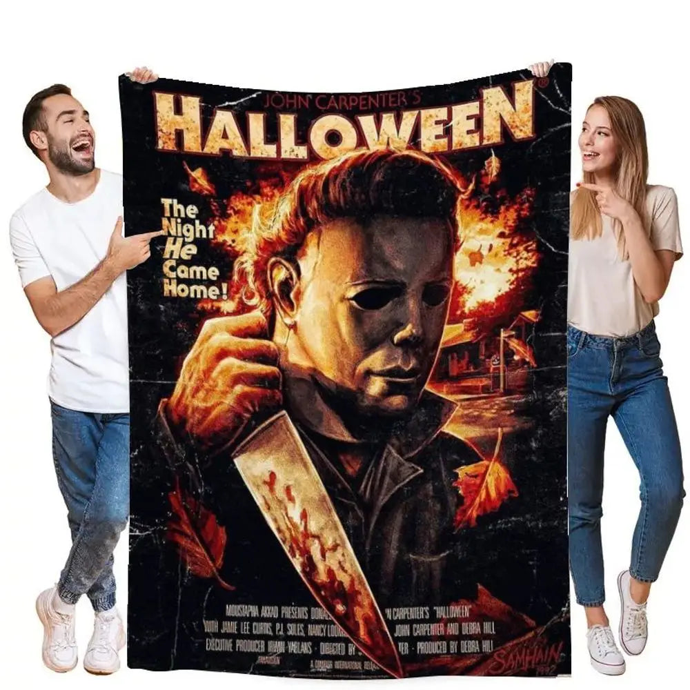 A movie poster featuring a dramatic close-up of a man in a dark outfit with fiery background and the title Halloween