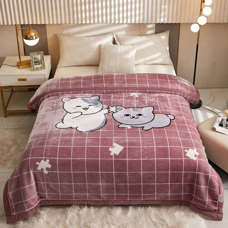 A mauve plush fleece blanket featuring a white and gray cartoon cat design, displayed on a bed.