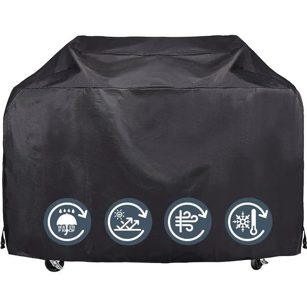 Black heavy duty waterproof BBQ grill cover with certification icons