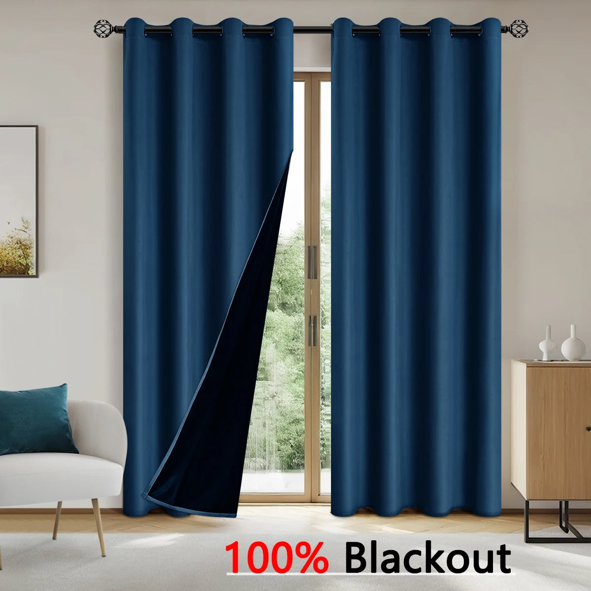 Pair of dark blue blackout curtains hanging in a doorway