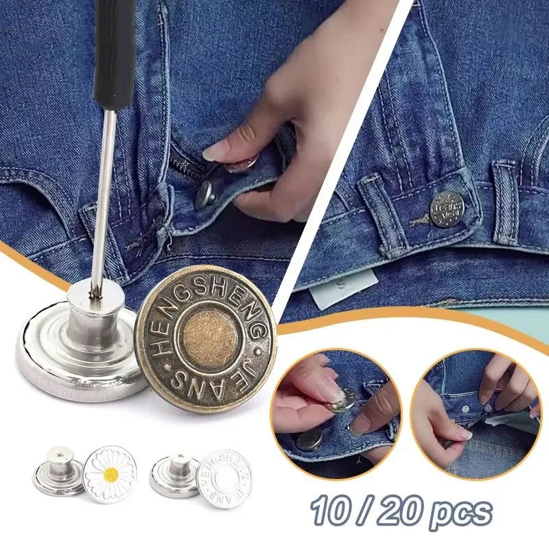 A set of jeans buttons and related hardware including a metal button, a silver pin, and various fasteners for clothing.