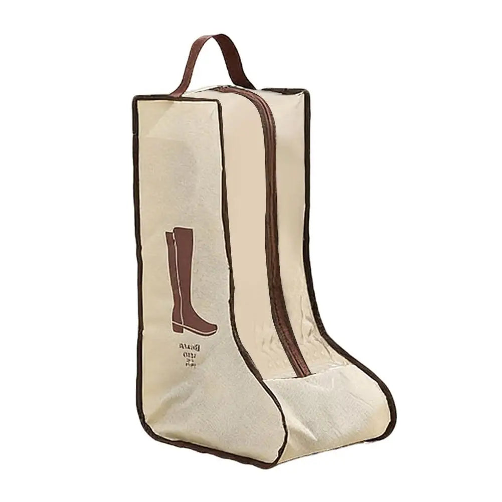 A beige boot storage bag with a clear window and carry handle.