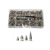 A clear plastic tray containing various punk screw back studs and spikes for leather craft.