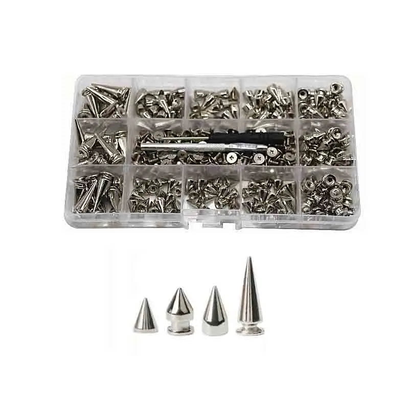 A clear plastic tray containing various punk screw back studs and spikes for leather craft.