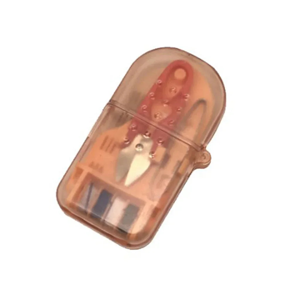 A clear plastic portable sewing kit containing thread and needles.