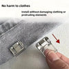 A close-up of an invisible pant hem adjuster clip being used to adjust clothing without damage.