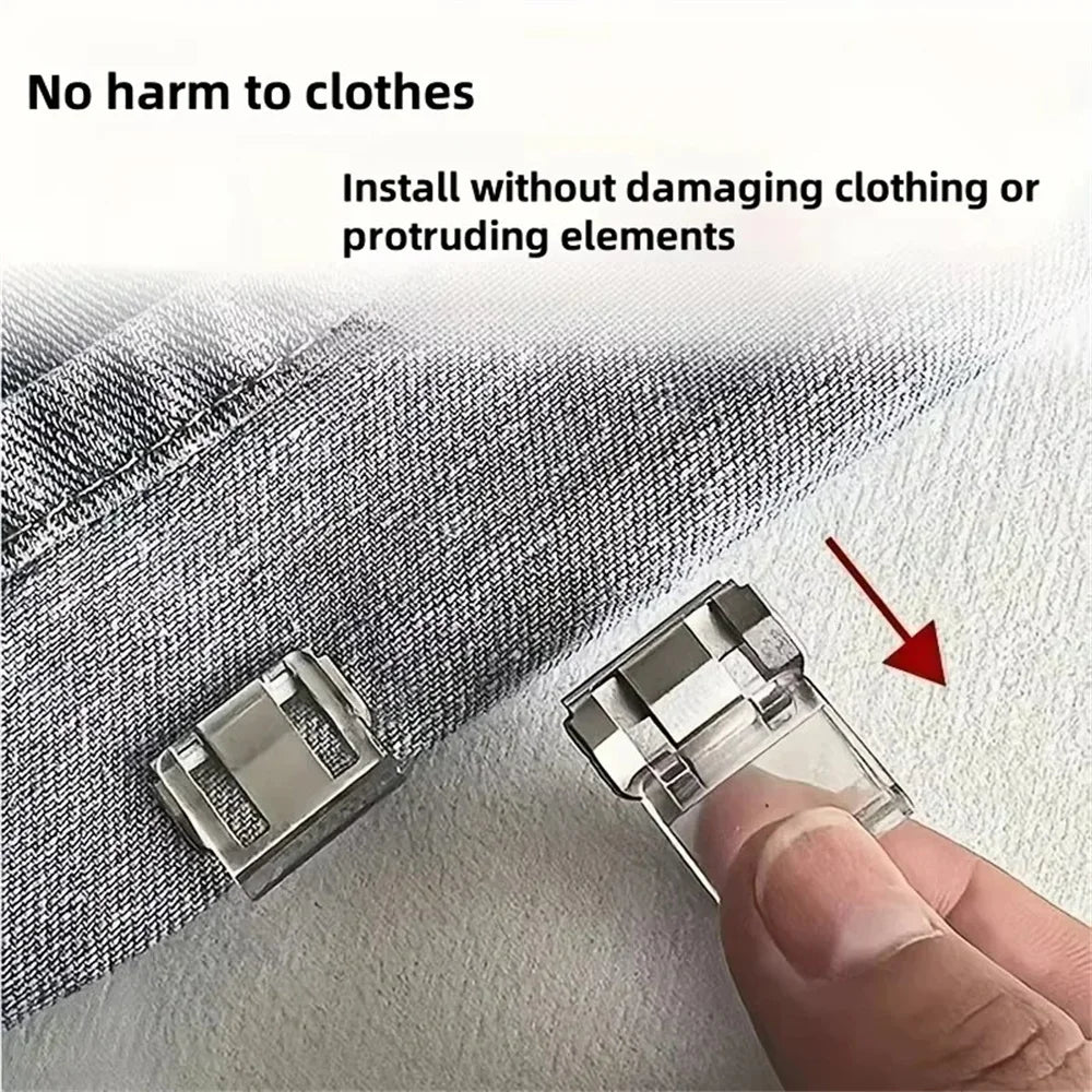 A close-up of an invisible pant hem adjuster clip being used to adjust clothing without damage.