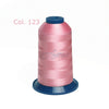 A spool of pink embroidery thread labeled Col. 123 on a blue bobbin.