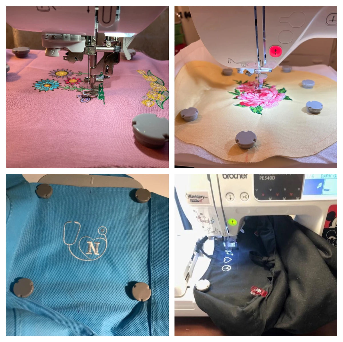 A set of four magnetic embroidery hoops used for sewing on Brother machines.