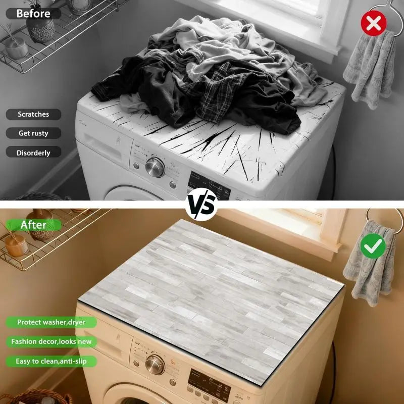 Before and after comparison of a wood grain fridge cover mat protecting a washing machine.