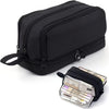 Black large capacity fabric pencil pouch with a drawstring closure and attached pen holder.