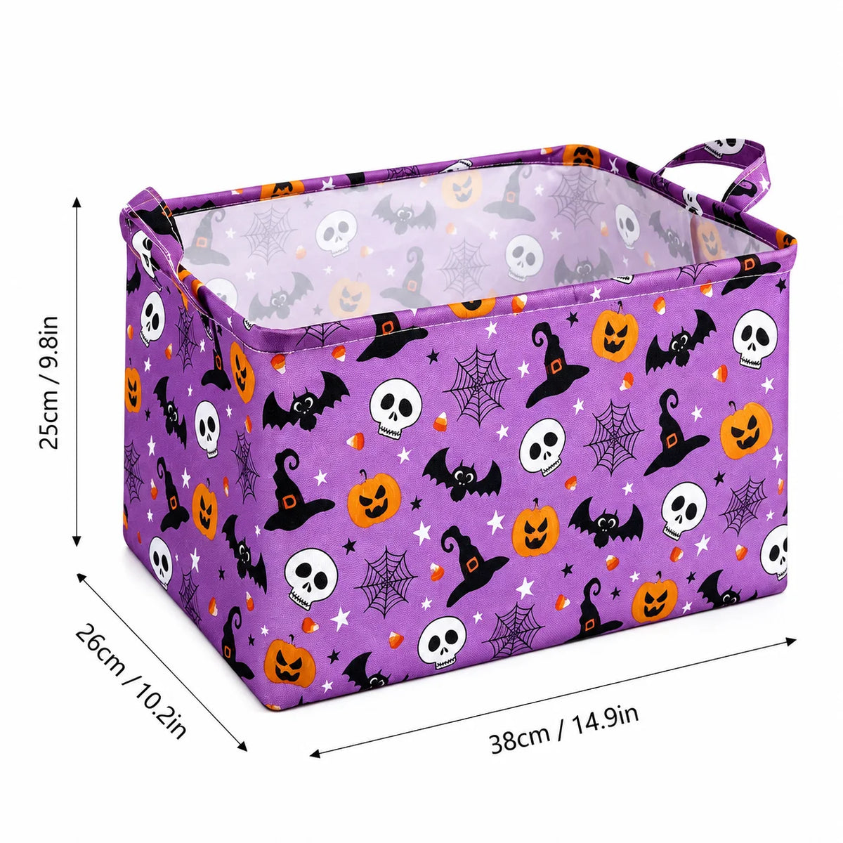 Purple foldable Halloween storage basket with handles decorated with skulls, bats, and pumpkins