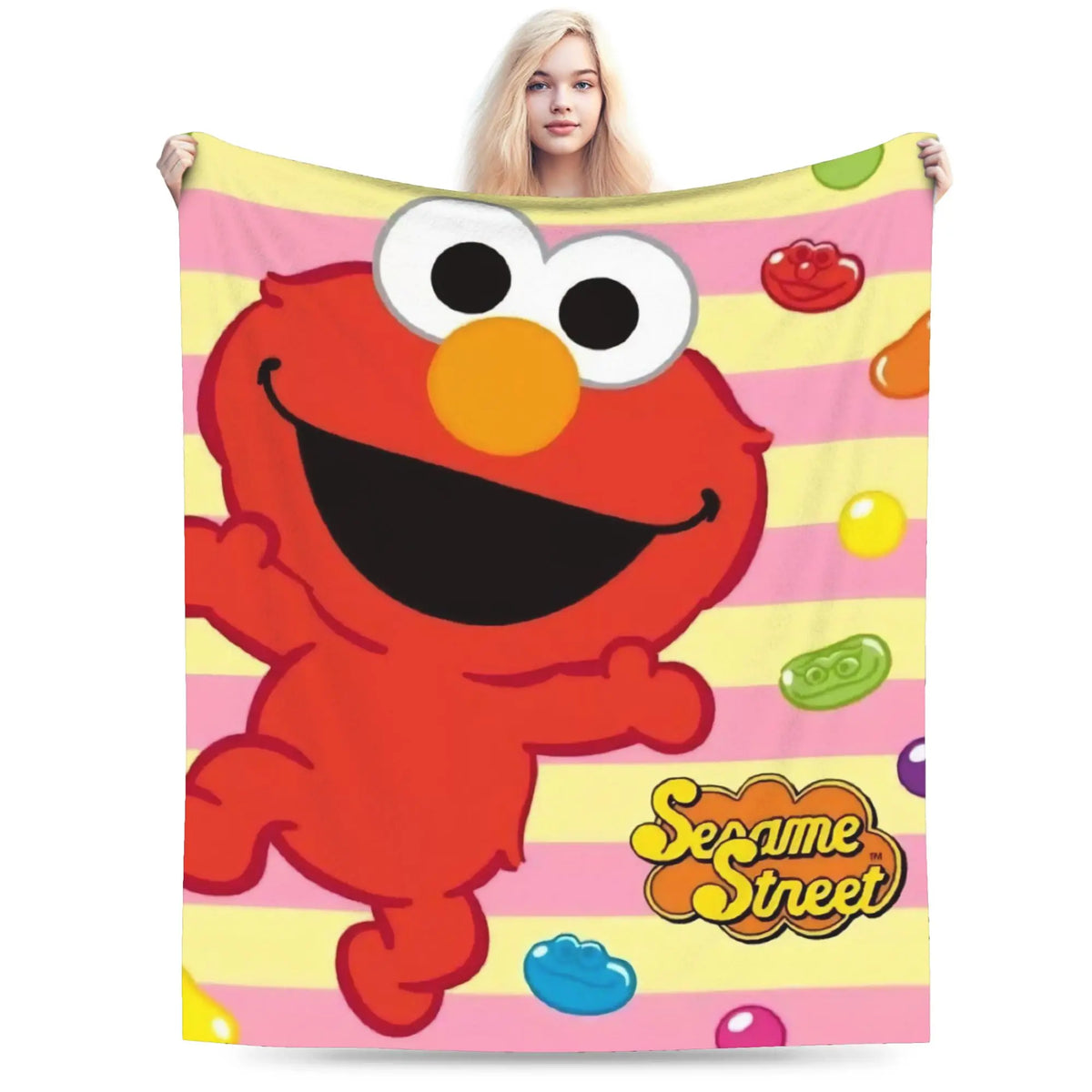 A colorful cartoon of Elmo and friends on a pink striped background.