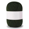 A ball of dark olive green soft milk cotton knitting yarn with a white band around the middle.