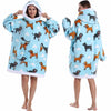 A woman models a light blue patchwork fleece hoodie with a hood and front pocket.