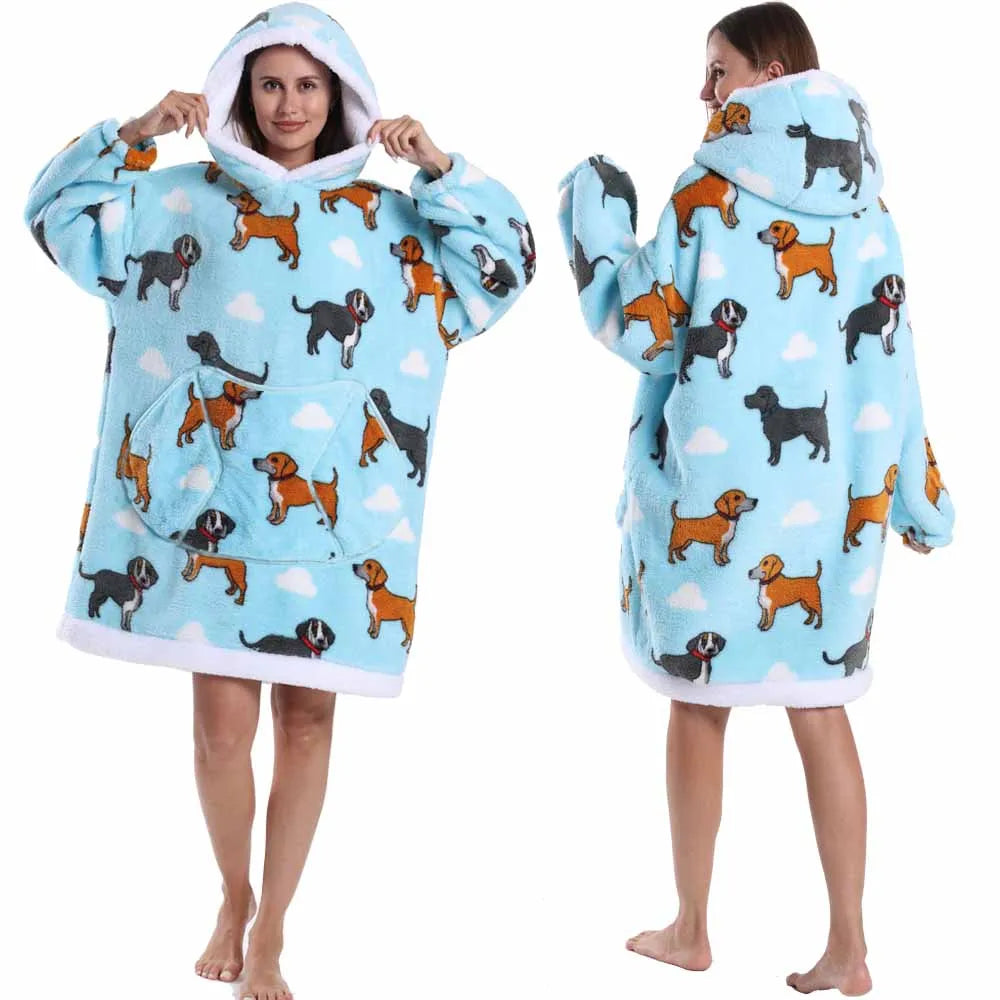 A woman models a light blue patchwork fleece hoodie with a hood and front pocket.