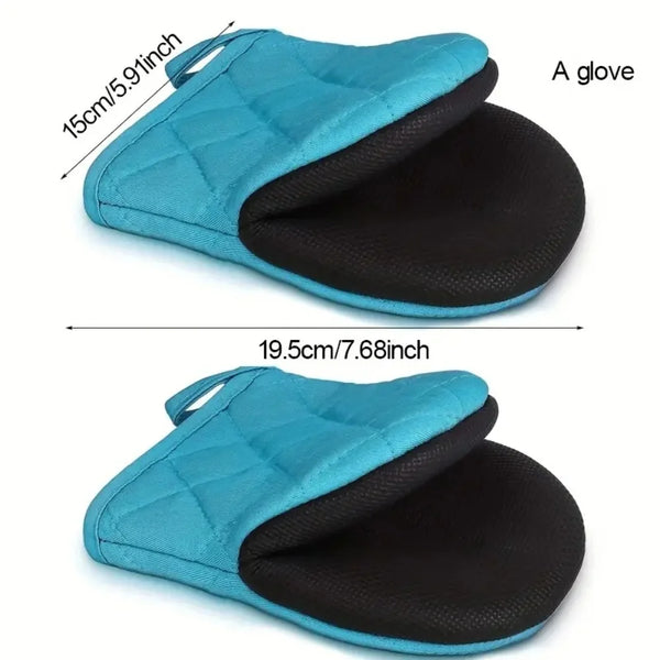 A pair of teal silicone oven mitts with black palms and a quilted design shown from the side.