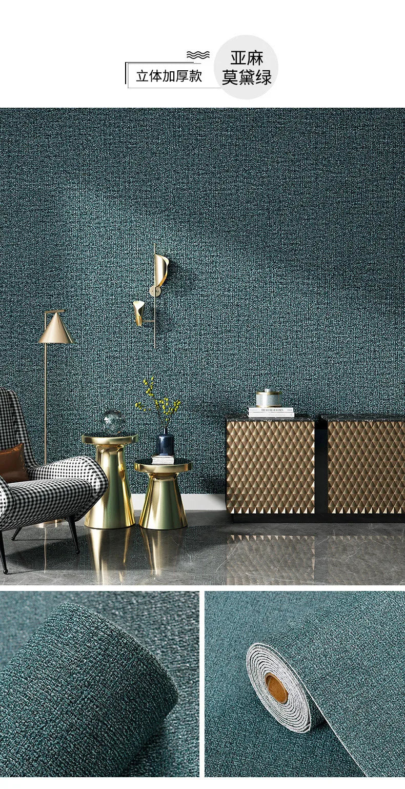 Close-up of a teal linen texture wallpaper used as a wall covering in an interior setting.