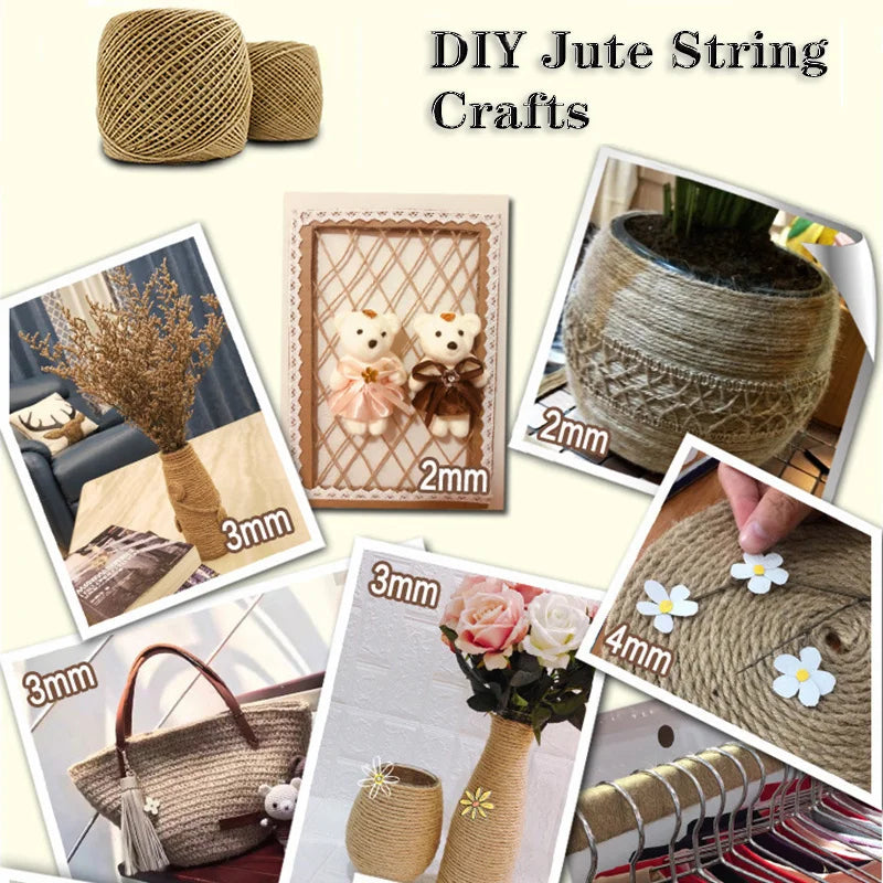 A collection of DIY jute string crafts including twine rolls, decorative items, and woven textures.