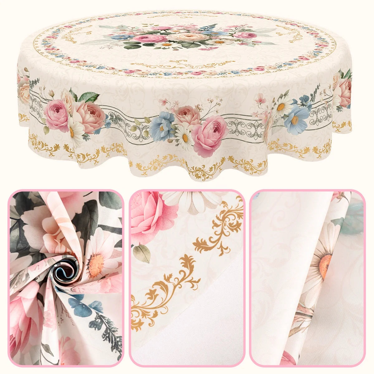 Vintage pink rose sunflower floral tablecloth displayed on a round table with fabric swatches.