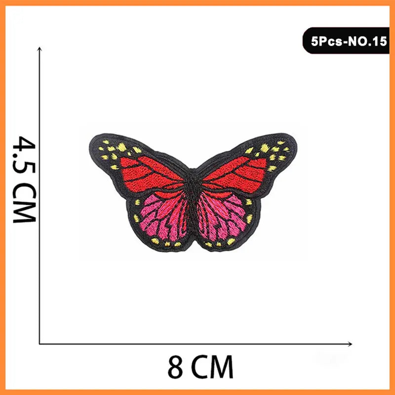 A set of five embroidered iron-on patches featuring pink and red butterfly designs.
