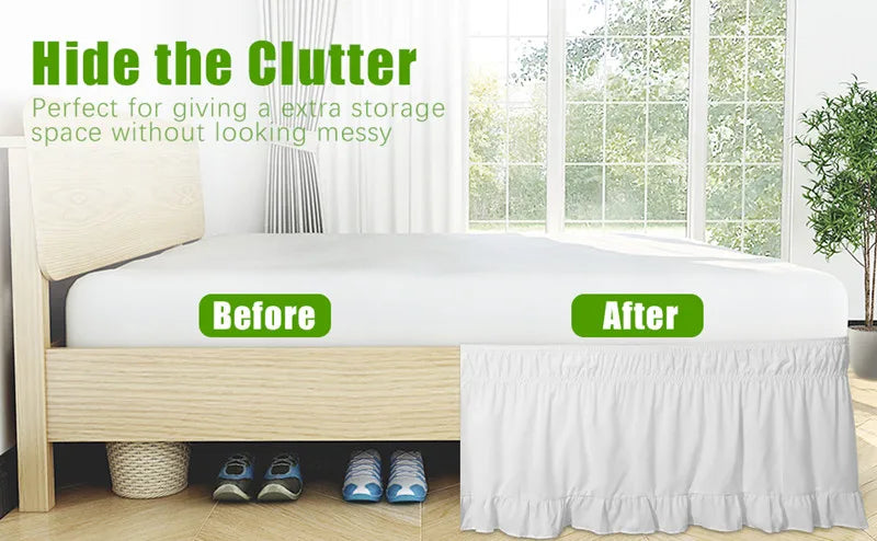 Before and after comparison showing a ruffled white bed skirt for a queen or king bed.