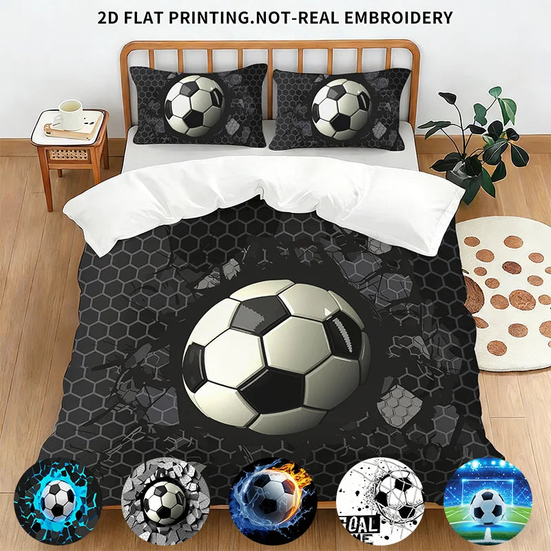 A soccer ball themed bedding set featuring a duvet cover and pillowcases with various soccer ball designs.