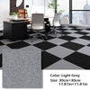 Light grey and black checkered carpet tiles with modern office furniture and a cityscape view