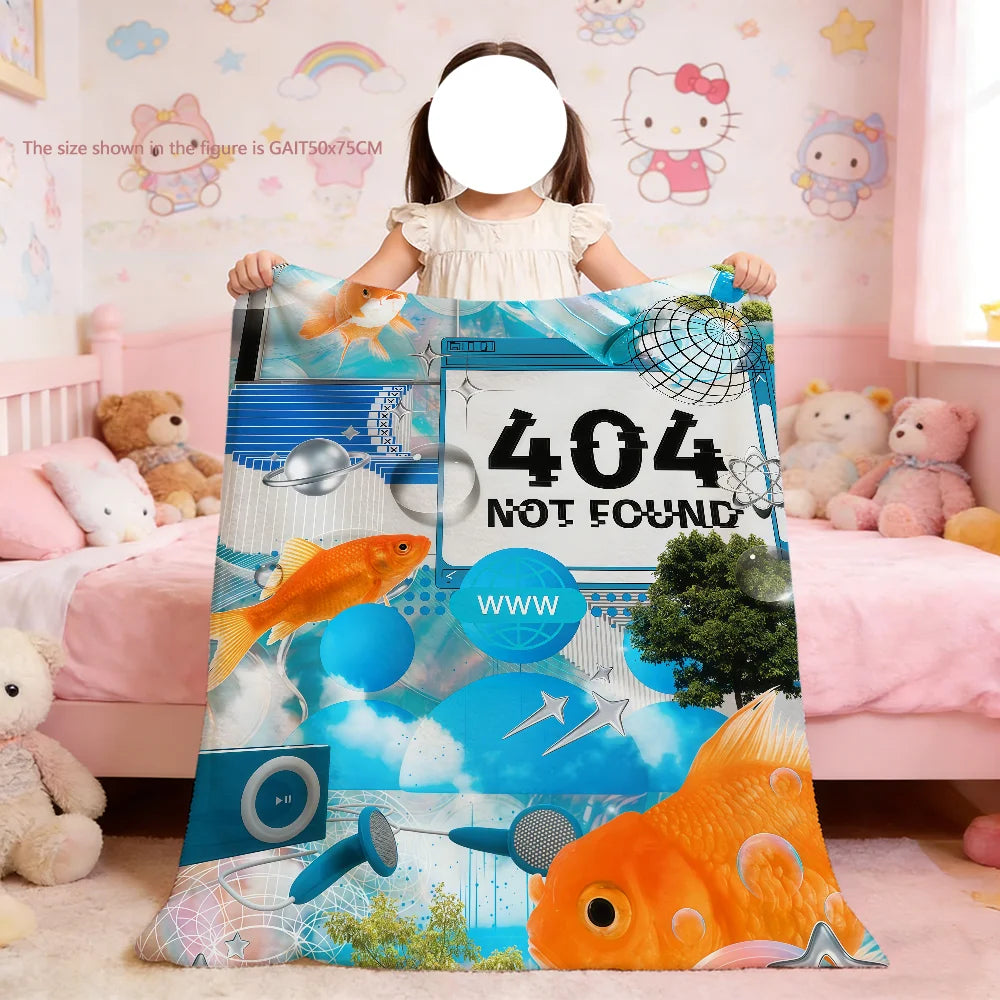 A colorful fruit-themed throw blanket featuring an orange fish design and a 404 not found graphic.