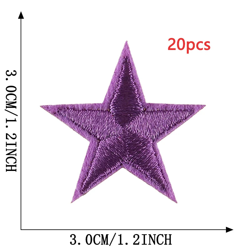 A purple five-pointed star embroidery patch shown against a measurement scale.