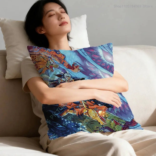A person rests their head on a white pillow while holding an anime style monster print pillow cover.