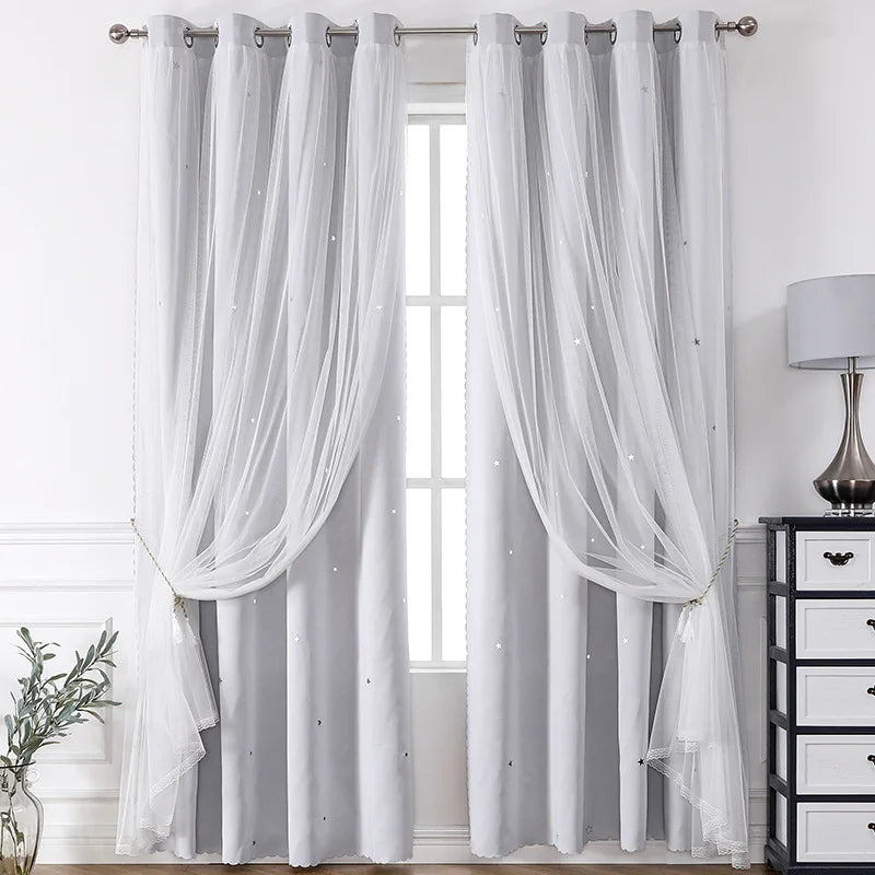 White sheer double-layer decorative curtains hanging in a window frame