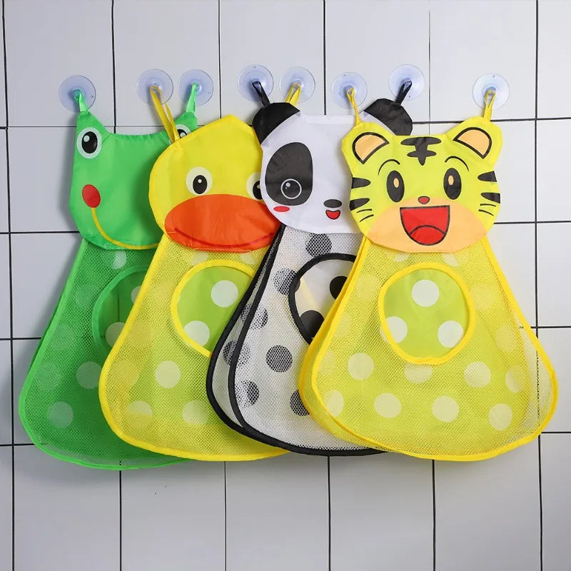 Five cartoon animal mesh bath toys with adhesive hooks in green, yellow, and black patterns.