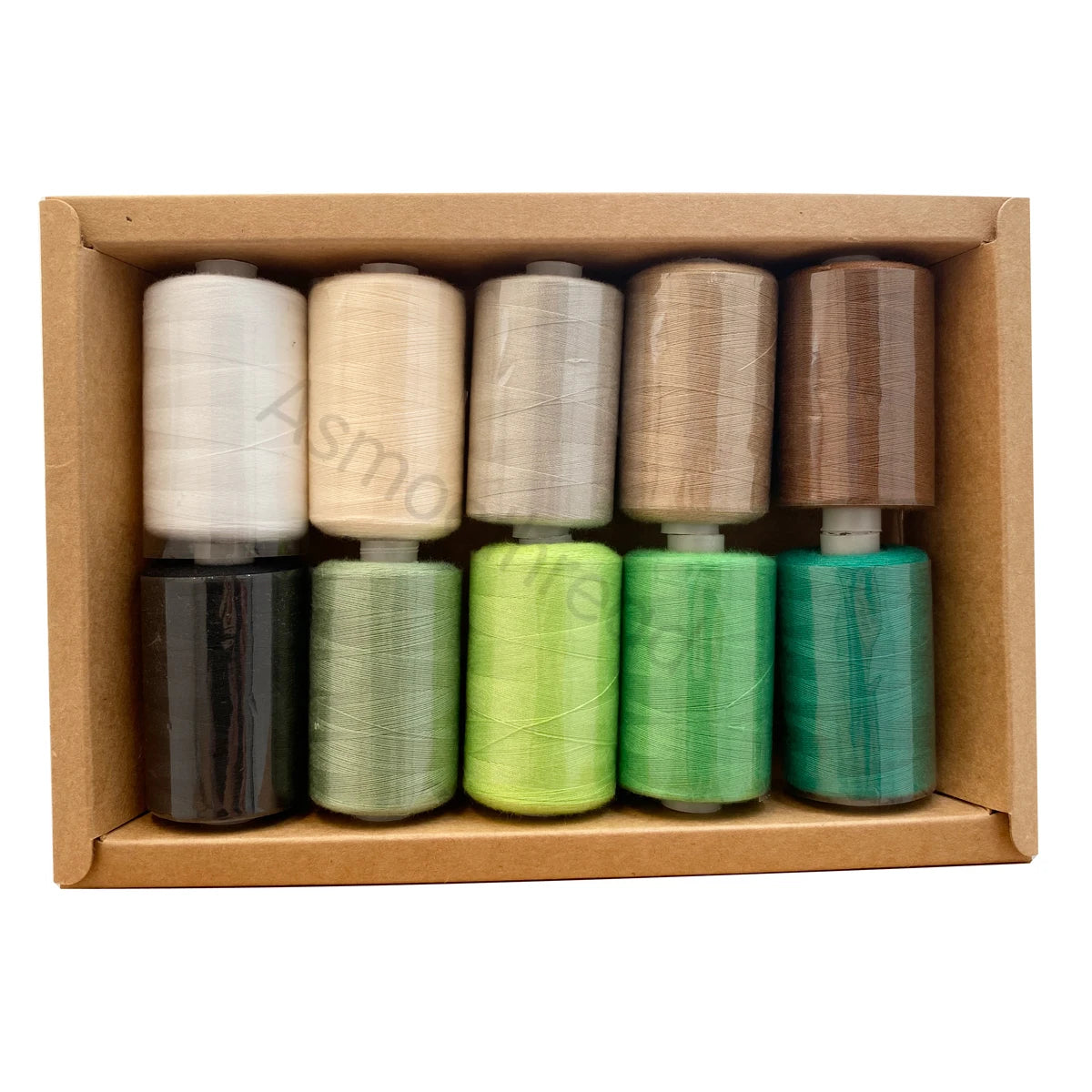 A box containing four spools of 10-color polyester sewing thread in various shades of beige and green.