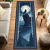 A long runner rug featuring a silhouette of a wolf on a rocky landscape against a starry night sky.