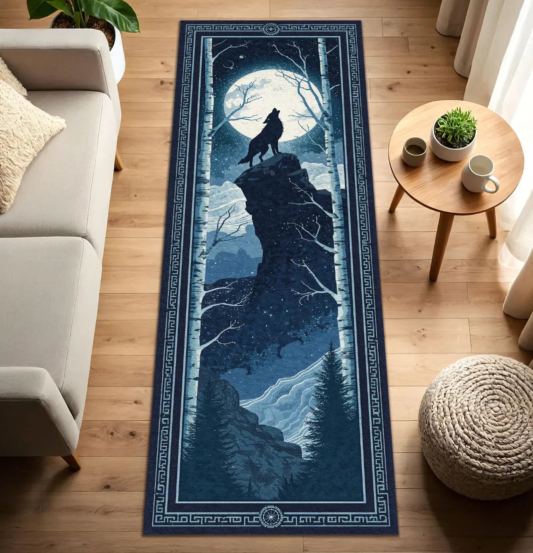 A long runner rug featuring a silhouette of a wolf on a rocky landscape against a starry night sky.