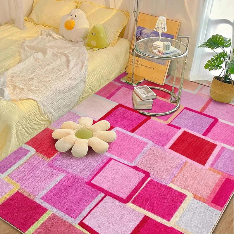 A pink and white retro checkerboard geometric rug laid out on a light yellow bed with white bedding.