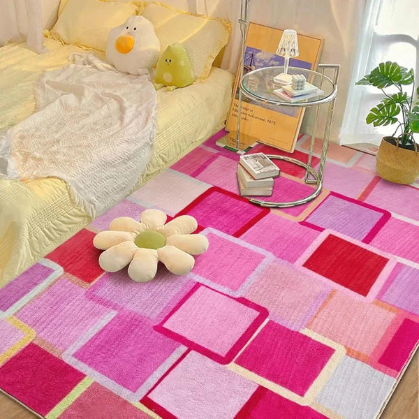 A pink and white retro checkerboard geometric rug laid out on a light yellow bed with white bedding.