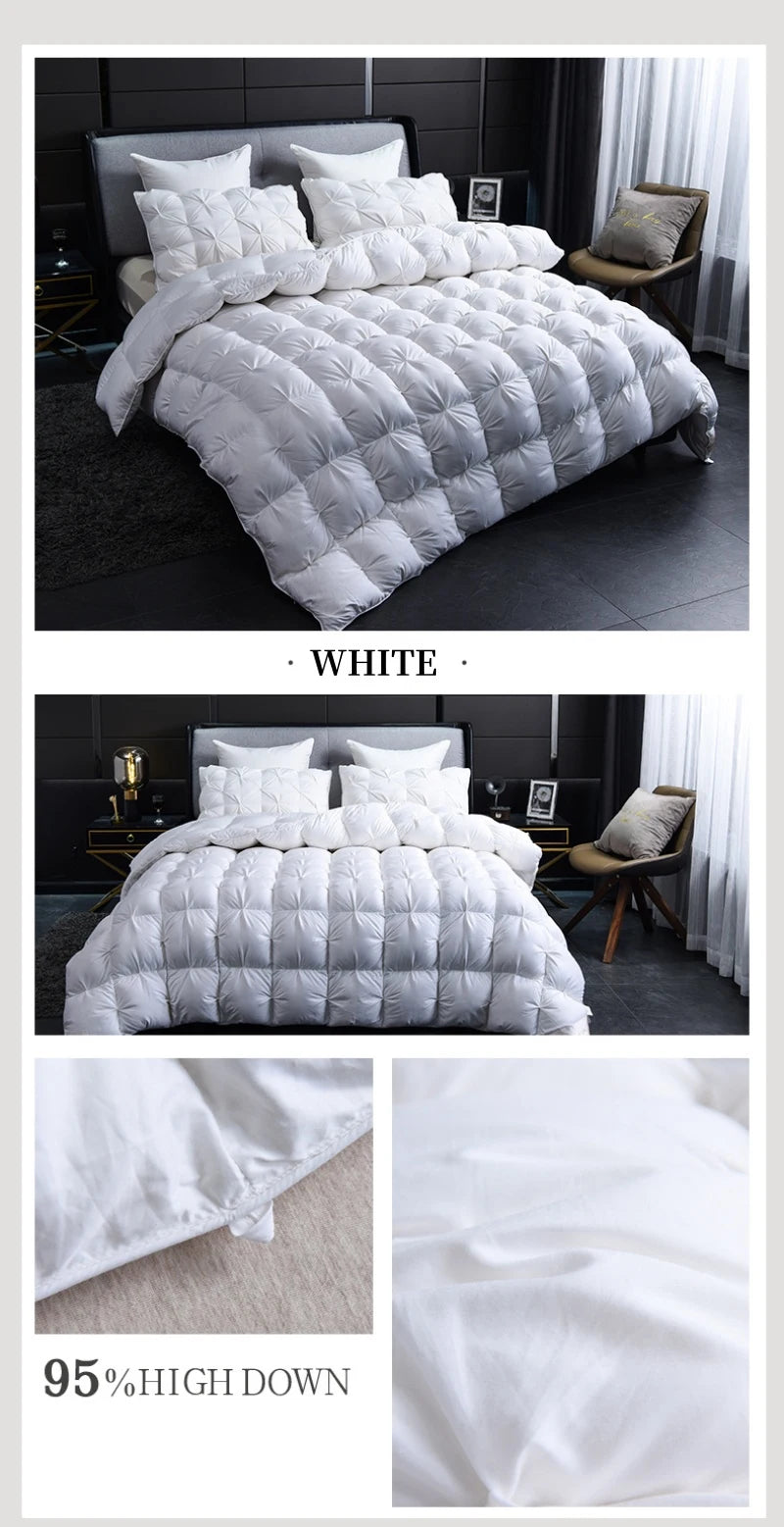White quilted luxury goose down duvet blanket displayed on a bed.