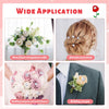 Various floral decorations including bouquets, corsages, and hair adornments made with transparent diamond pins.