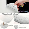 A close-up shows a white soft area rug with a dotted pattern, demonstrating the printed design and anti-slip backing.