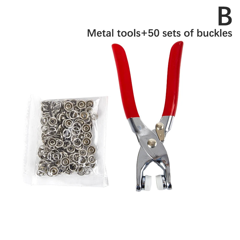 A pair of red metal pliers and a plastic bag containing 50 sets of buckles.