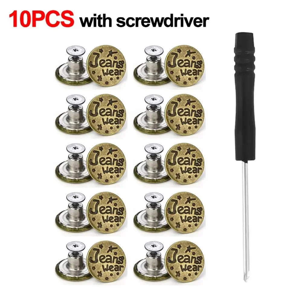 A set of ten metal jeans button repair kits with screwdrivers displayed in a line.