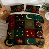 Gothic sun and moon patchwork bedding set featuring deep red, green, and gold star patterns.