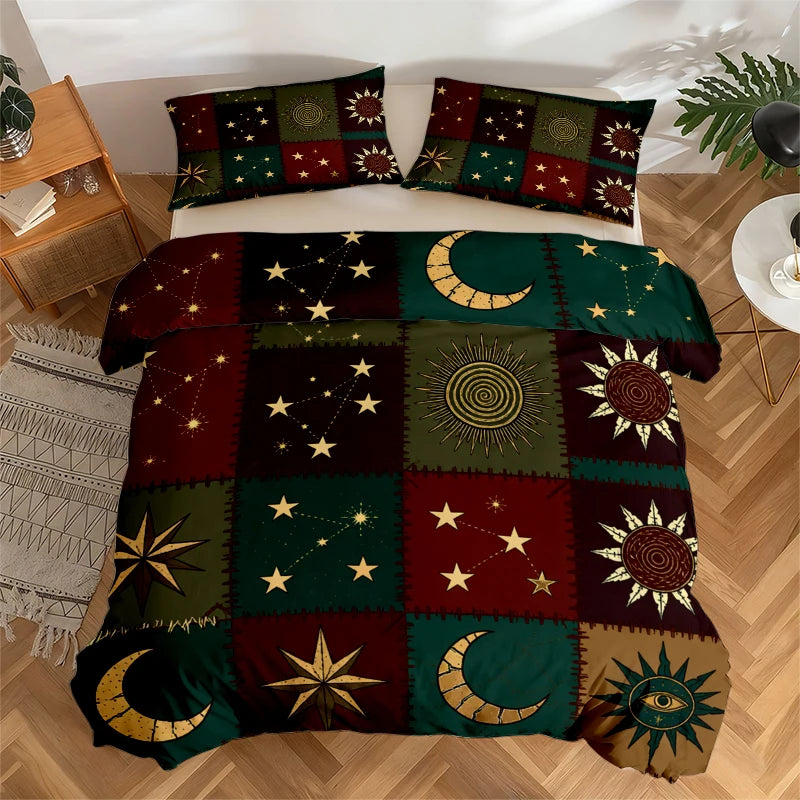 Gothic sun and moon patchwork bedding set featuring deep red, green, and gold star patterns.