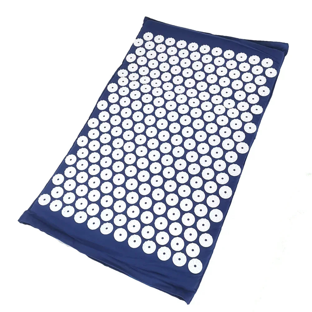 A dark blue acupressure relief mat with numerous white circular points for pain and stress relief.